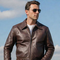 A confident man sporting a stylish aviator leather jacket, looking off into the distance