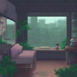 A cozy lo-fi pixel art scene set in an abandoned Brazilian city on a rainy day, surrounded by a tropical forest