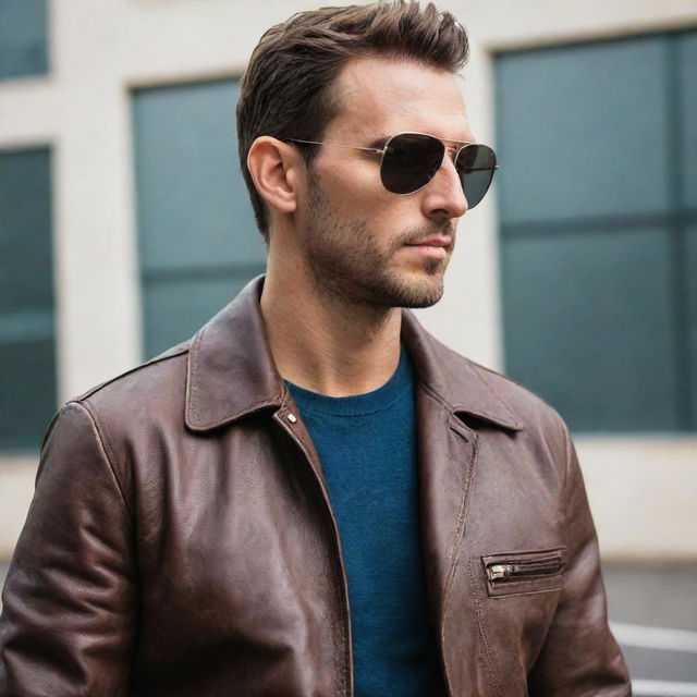 A confident man sporting a stylish aviator leather jacket, looking off into the distance