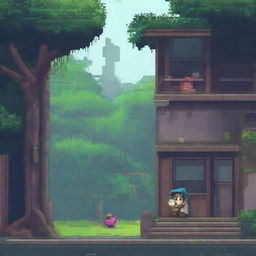 A cozy lo-fi pixel art scene set in an abandoned Brazilian city on a rainy day, surrounded by a tropical forest