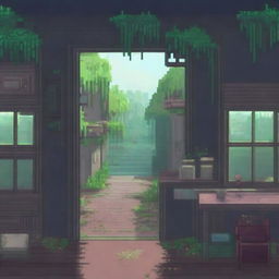 A cozy lo-fi pixel art scene set in an abandoned Brazilian city on a rainy day, surrounded by a tropical forest