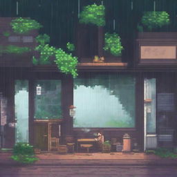 A cozy lo-fi pixel art scene set in an abandoned Brazilian city on a rainy day, surrounded by a tropical forest