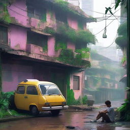 A cozy lo-fi scene set in an abandoned Brazilian city on a rainy day, surrounded by a tropical forest