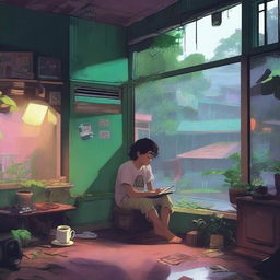 A cozy lo-fi scene set in an abandoned Brazilian city on a rainy day, surrounded by a tropical forest