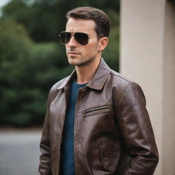 A confident man sporting a stylish aviator leather jacket, looking off into the distance