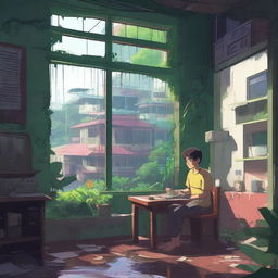 A cozy lo-fi scene set in an abandoned Brazilian city on a rainy day, surrounded by a tropical forest