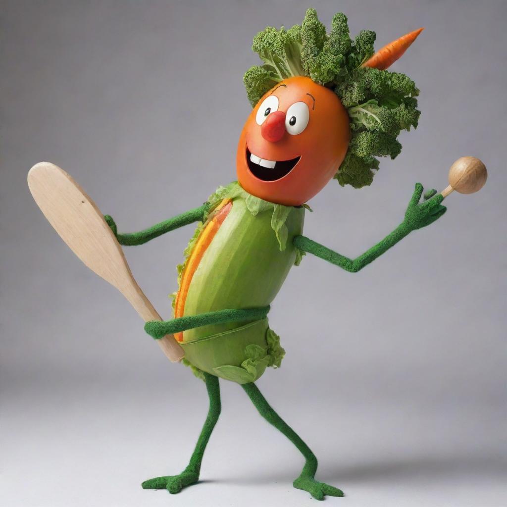 A playful character known as the Vegetable Bringer, adorned in a costume made of various vibrant vegetables, cheerfully swinging a cricket bat.