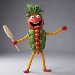 A playful character known as the Vegetable Bringer, adorned in a costume made of various vibrant vegetables, cheerfully swinging a cricket bat.