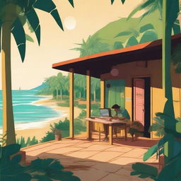 A cozy lo-fi scene set in a beach village in Brazil, surrounded by a tropical forest