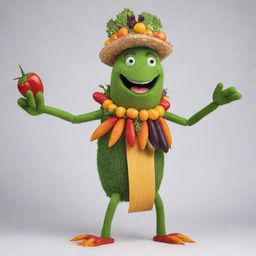 A playful character known as the Vegetable Bringer, adorned in a costume made of various vibrant vegetables, cheerfully swinging a cricket bat.