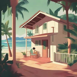 A cozy lo-fi scene set in a beach village in Brazil, surrounded by a tropical forest