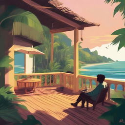 A cozy lo-fi scene set in a beach village in Brazil, surrounded by a tropical forest