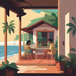 A cozy lo-fi scene set in a beach village in Brazil, surrounded by a tropical forest