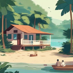 A cozy lo-fi scene set in a beach village in Brazil, surrounded by a tropical forest