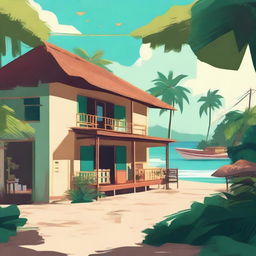 A cozy lo-fi scene set in a beach village in Brazil, surrounded by a tropical forest