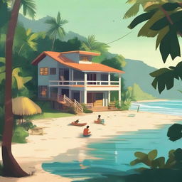 A cozy lo-fi scene set in a beach village in Brazil, surrounded by a tropical forest