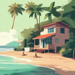 A cozy lo-fi scene set in a beach village in Brazil, surrounded by a tropical forest