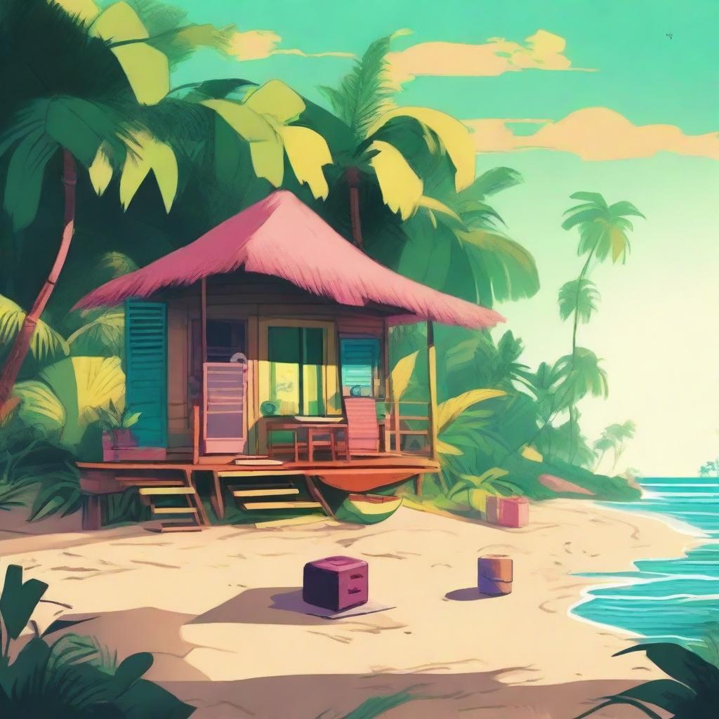 A cozy lo-fi scene set in a beach village in a Brazilian tropical forest