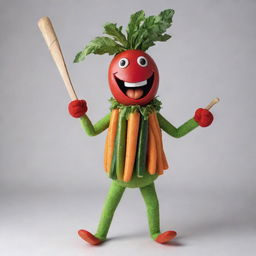 A playful character known as the Vegetable Bringer, adorned in a costume made of various vibrant vegetables, cheerfully swinging a cricket bat.