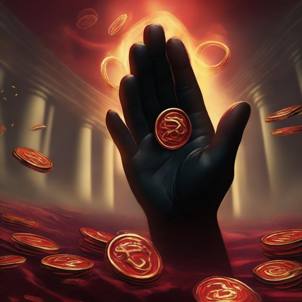 A blackened right claw reaching towards a hoard of gold with red magic swirling around it