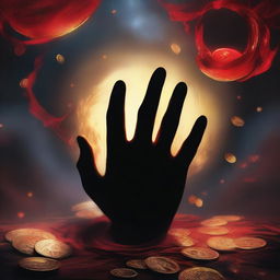 A blackened right claw reaching towards a hoard of gold with red magic swirling around it