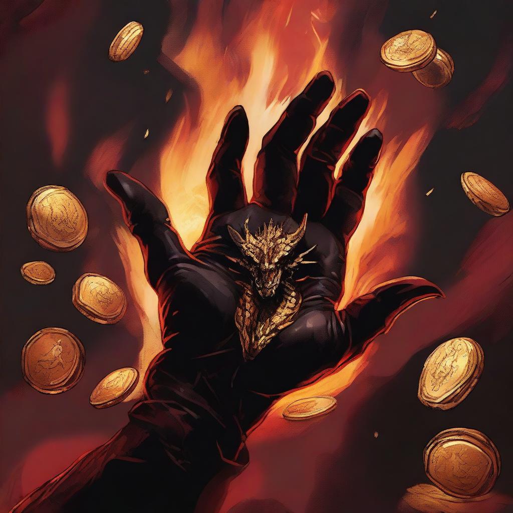 A top-down perspective of a Golden dragonborn's blackened right hand reaching towards a hoard of gold