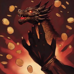 A top-down perspective of a Golden dragonborn's blackened right hand reaching towards a hoard of gold