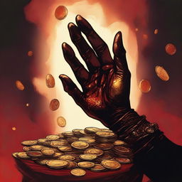 A top-down perspective of a Golden dragonborn's blackened right hand reaching towards a hoard of gold