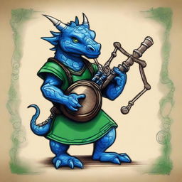 An ancient sketch style illustration of a short blue Dragonborn with green eyes, playing bagpipes