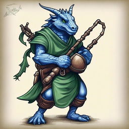 An ancient sketch style illustration of a short blue Dragonborn with green eyes, playing bagpipes