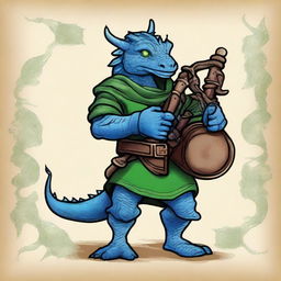 An ancient sketch style illustration of a short blue Dragonborn with green eyes, playing bagpipes