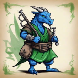 An ancient sketch style illustration of a short blue Dragonborn with green eyes, playing bagpipes