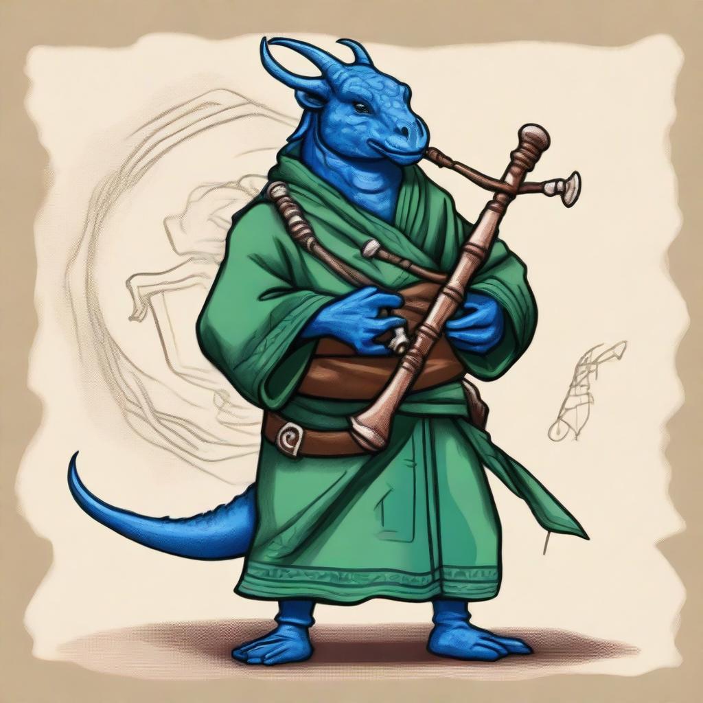 An ancient sketch style illustration of a short blue Dragonborn monk with green eyes, playing bagpipes