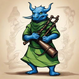 An ancient sketch style illustration of a short blue Dragonborn monk with green eyes, playing bagpipes