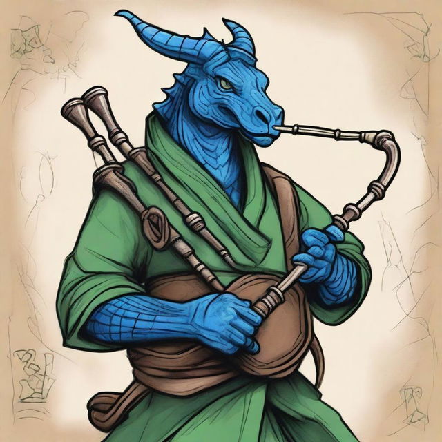 An ancient sketch style illustration of a short blue Dragonborn monk with green eyes, playing bagpipes