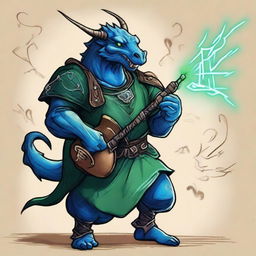 An ancient sketch style illustration of a short blue Dragonborn with green eyes, playing bagpipes and breathing lightning