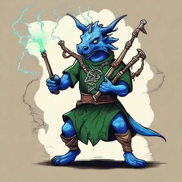 An ancient sketch style illustration of a short blue Dragonborn with green eyes, playing bagpipes and breathing lightning