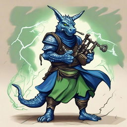 An ancient sketch style illustration of a short blue Dragonborn with green eyes, playing bagpipes and breathing lightning