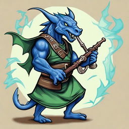 An ancient sketch style illustration of a short blue Dragonborn with green eyes, playing bagpipes and breathing lightning