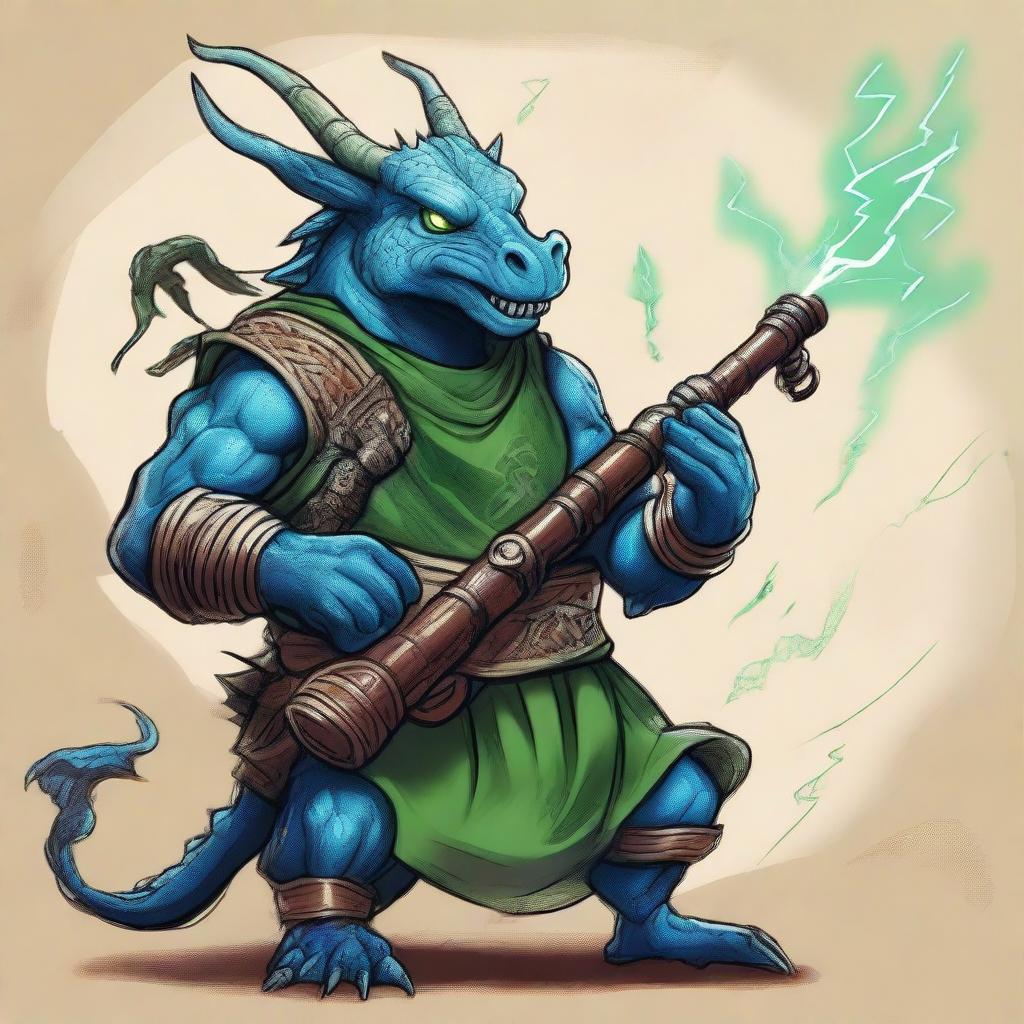 An ancient sketch style illustration of a short blue Dragonborn with green eyes, playing bagpipes and breathing lightning