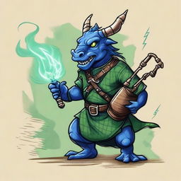 An ancient sketch style illustration of a short blue Dragonborn with green eyes, playing bagpipes and breathing lightning