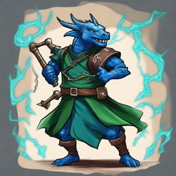 An ancient sketch style illustration of a short blue Dragonborn with green eyes, playing bagpipes and breathing lightning