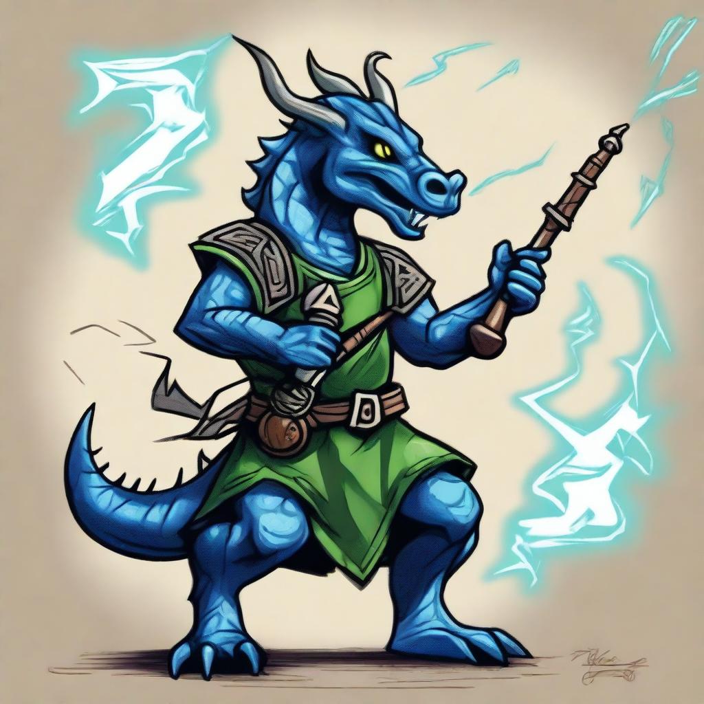 An ancient sketch style illustration of a short blue Dragonborn with green eyes, playing bagpipes and breathing lightning