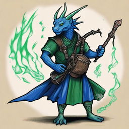 An ancient sketch style illustration of a short blue Dragonborn with green eyes, playing realistic bagpipes and breathing lightning