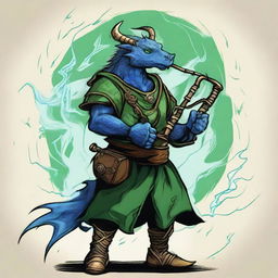 An ancient sketch style illustration of a short blue Dragonborn with green eyes, playing realistic bagpipes and breathing lightning