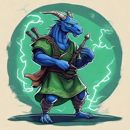 An ancient sketch style illustration of a short blue Dragonborn with green eyes, playing realistic bagpipes and breathing lightning