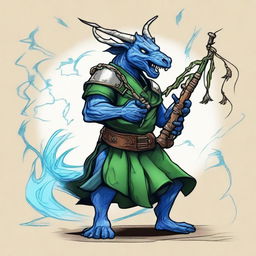 An ancient sketch style illustration of a short blue Dragonborn with green eyes, playing realistic bagpipes and breathing lightning