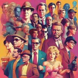 A vibrant and detailed illustration featuring iconic movie characters from various popular films