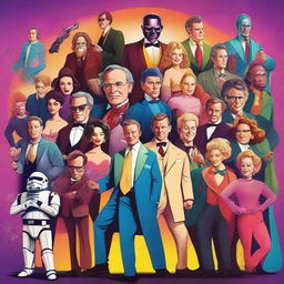 A vibrant and detailed illustration featuring iconic movie characters from various popular films