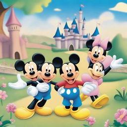 A vibrant and cheerful illustration featuring popular Disney characters such as Mickey Mouse, Minnie Mouse, Donald Duck, and Goofy